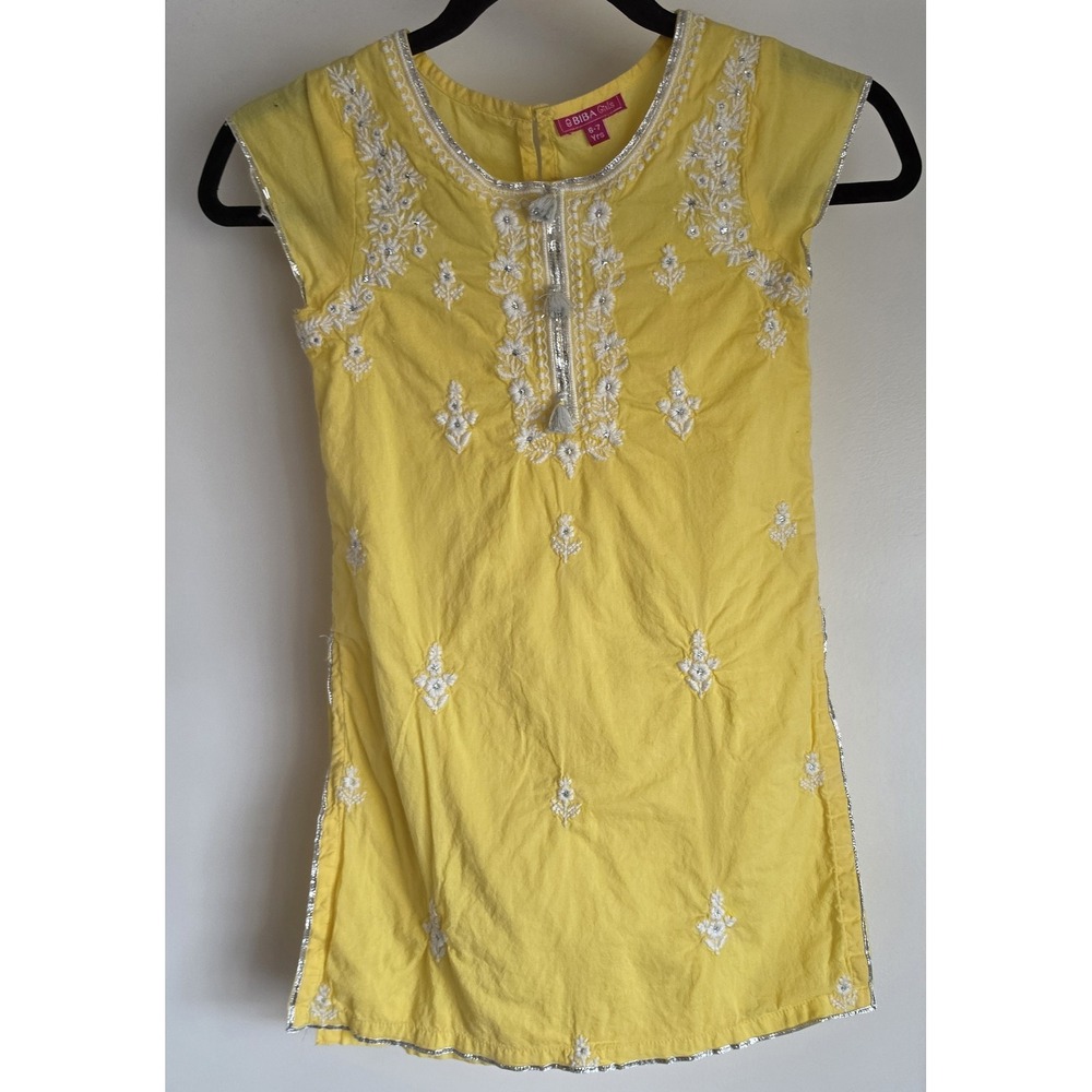 BIBA Girls Long Sleeve Top 6-7 Yrs Yellow Blouse Shirt Tunic Embroidery Silver
